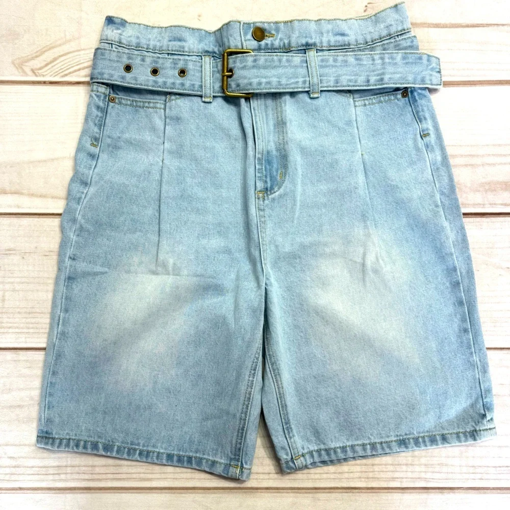 Light Wash Denim Belted High Rise Pleated Jean Shorts Just Fab Stranger Things